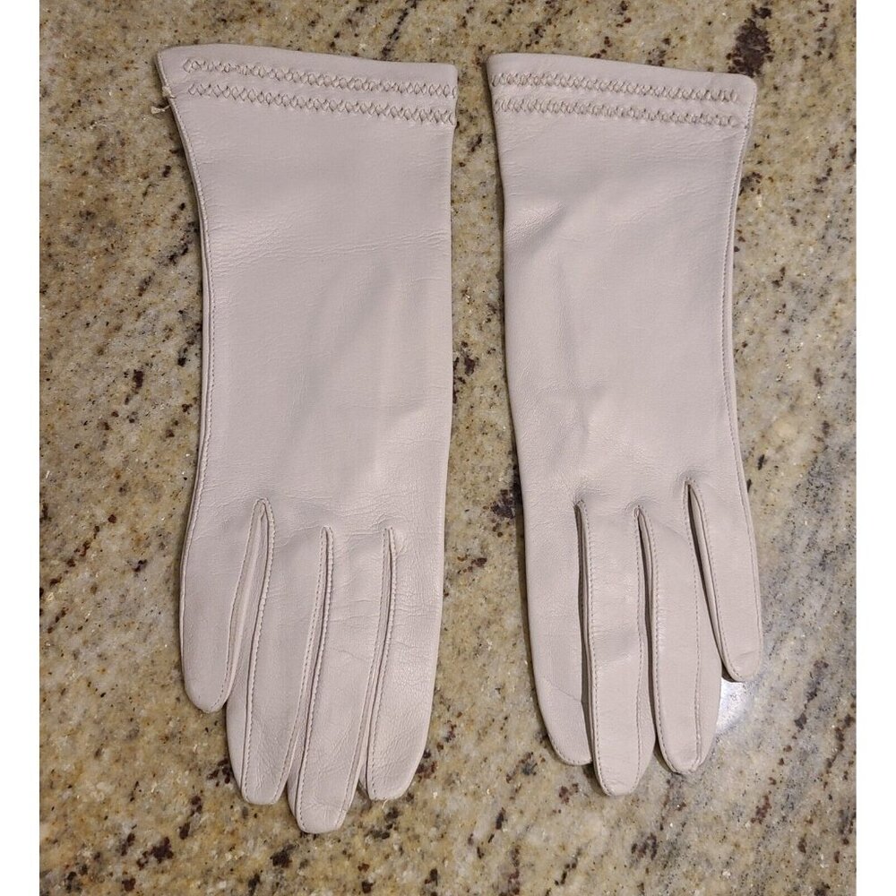 New? Vintage Size M  Beige Soft Leather Formal 9.5" Gloves Italy Weave Detail